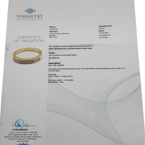 Ladies 18ct Yellow Gold 10 Stone Diamond Ring 0.20ct TDW N 6 3/4 With Valuation (WR 1309230)