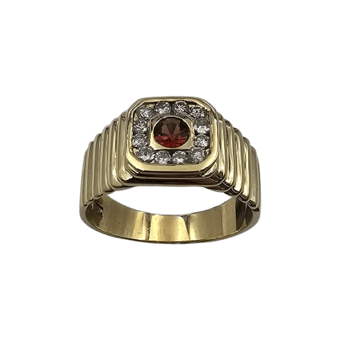 Mens 9ct Yellow Gold Garnet & Diamond Stepped Shoulders Ring 0.30ct TDW U With Valuation (MR)