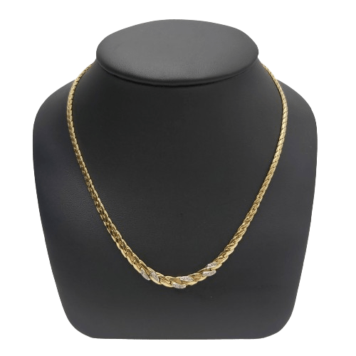 Vintage 18CT Yellow Gold Tapered Flattened Rope Chain Necklace with 12 Diamonds in White Gold Accents – 46cm, 11.3g