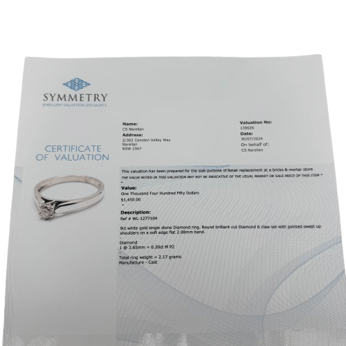 Ladies 9ct White Gold Brilliant Cut Solitare Diamond Ring M 6 1/4 with Valuation – WL