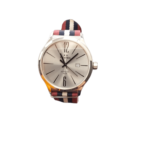 Mens Silver Steel Watch Sapphire Crystal Face – Striped Bands With Silver Case
