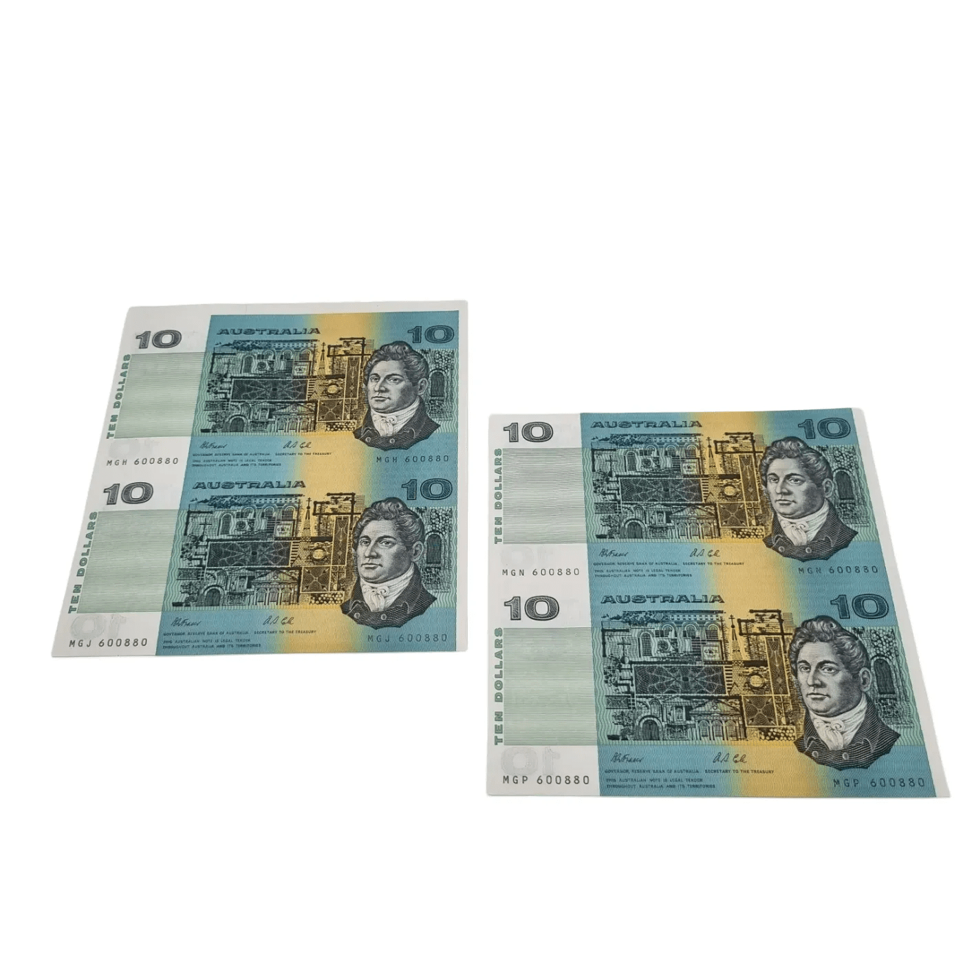 Australian Bank Notes – Uncut Blue $10 notes x 2 (Fraser/Cole, 1991 issue) + Certificate (WR 1346910)