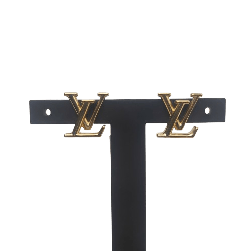 Louis Vuitton Iconic Earrings – Gold-Tone Studs with LV Initials and Soft Pouch