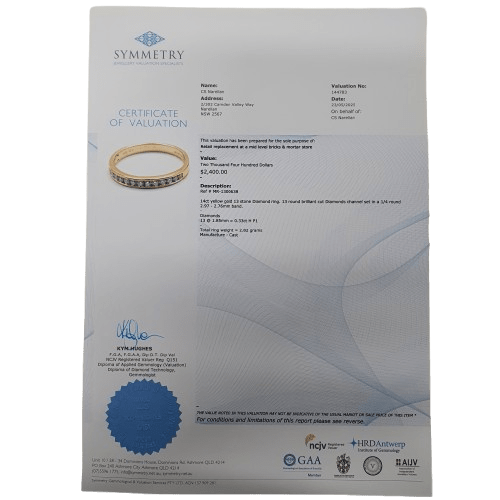 Ladies 14ct Yellow Gold Brilliant Cut Channel Set Diamond 0.33ct TDW T 1/2 Band With Valuation (MR)