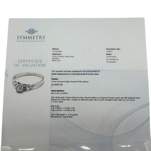 Ladies 18ct White Gold 3 Stone Brilliant Cut Diamond Ring 0.28ct TDW M 1/2 6 3/4 with Valuation – WL 1314535