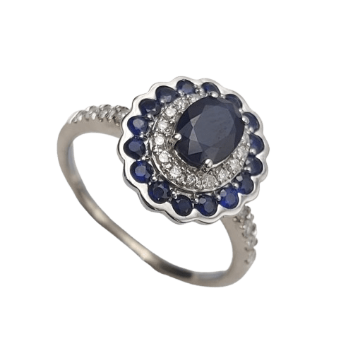 RINGLadies 9ct White Gold 41 Stone Sapphire and Diamond Dress Ring, Oval Sapphire & Round Brilliant Cut Diamonds, 0.32ct TDW, Size P 1/2 – With Valuation