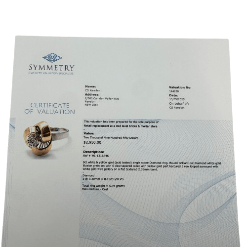 Ladies 18ct White & Yellow Gold Single Diamond Ring 0.15ct TDW K 1/2 5 1/2 With Valuation (WL 1316846)