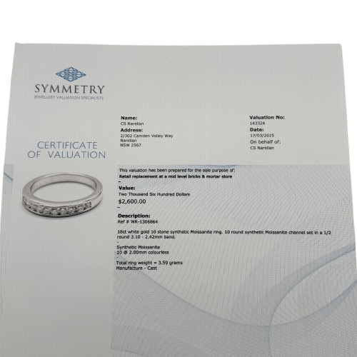 Ladies 18ct White Gold 10 Stone Synthetic Moissanite Ring K 1/2 5 1/2 With Valuation (WR 1306864)