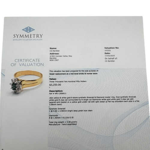 Ladies 18ct Yellow & White Gold 9 Stone Synthetic Emerald & Diamond Cluster Ring 0.12ct TDW S 9 1/2 With Valuation (WR 1306611)