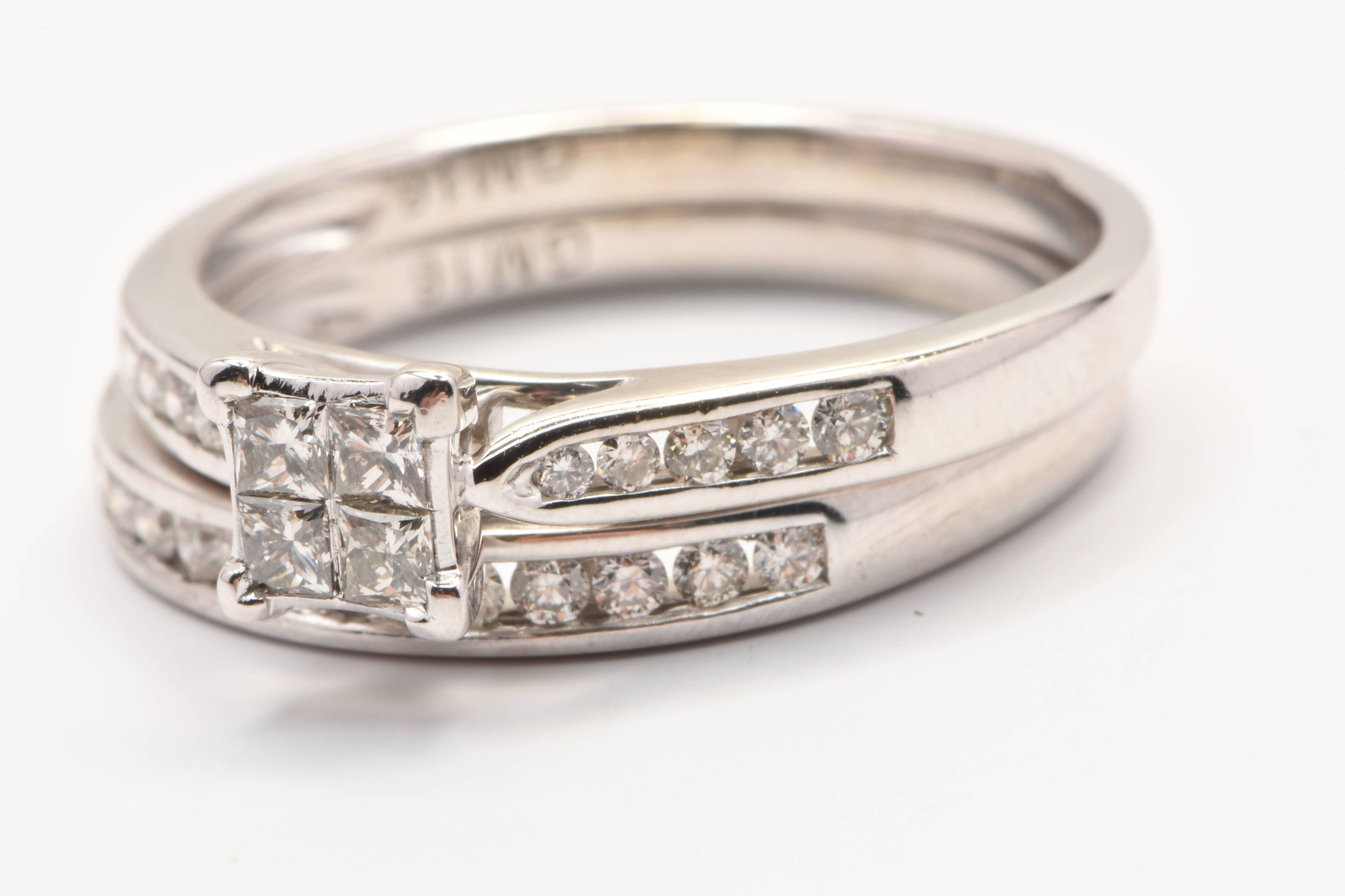 Ladies 9ct White Gold 26 Stone Diamond 2 Ring Set Princess Cut Invisible Setting TDW 0.57ct Size N 1/2 With Valuation