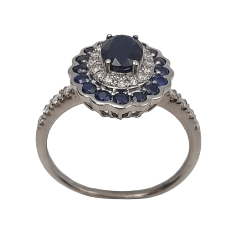 RINGLadies 9ct White Gold 41 Stone Sapphire and Diamond Dress Ring, Oval Sapphire & Round Brilliant Cut Diamonds, 0.32ct TDW, Size P 1/2 – With Valuation