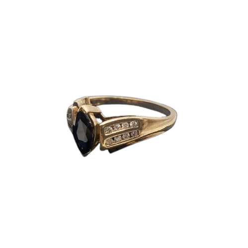 Ladies 9ct Yellow Gold Ring 2.7g with Black/Dark Blue Sapphire and Diamonds