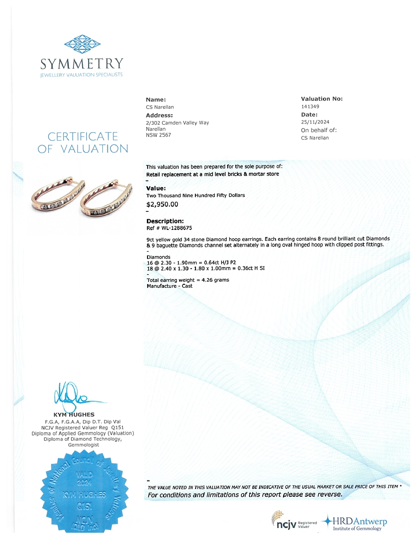 Ladies 9ct Yellow Gold 34 Diamond Hoop Earrings TDW 1.00ct