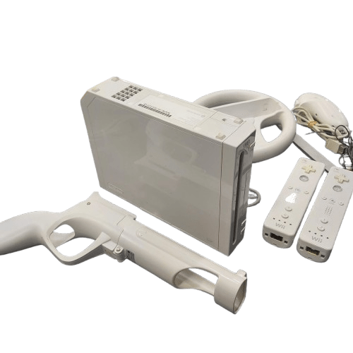 NINTENDO CONSOLE WII RVL-001 WHITE WITH POWERCORD 2X CONTROLLERS 2X NUNCHUCKS SENSOR BAR STEERING WHEEL GUN ACCESSRORY