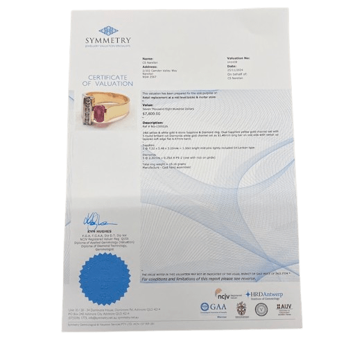 Ladies 14ct Yellow & White Gold. Yellow Gold Channel Oval Sapphire With 5 White Gold Round Brilliant Cut Diamonds. TDW 0.25ct & 1x 1.10ct. Size P. With Valuation Certificate.
