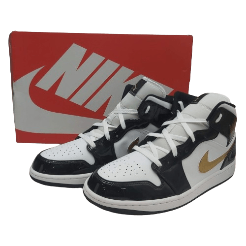 Nike Air Jordan 1 Mid Patent SE – Size 12 Black White Gold (Alternate Nike Box) 2019 – ‘Black Gold’