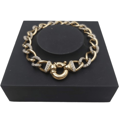 9CT Yellow Gold Curb Bracelet – 18.2g, 20cm, 9mm Wide with CZ Links