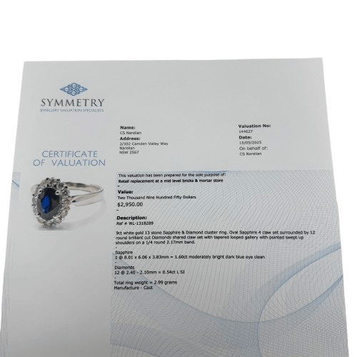 Ladies 9ct White Gold 1.60ct Sapphire & Diamond Cluster Ring 0.54ct TDW L 5 3/4 with Valuation – WL 1318289