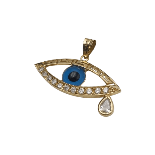 18ct Yellow Gold Evil Eye Pendant – 6.3g – Clear Stones – Approx. 4cm Wide x 1.5cm Tall (Excl. Bail)