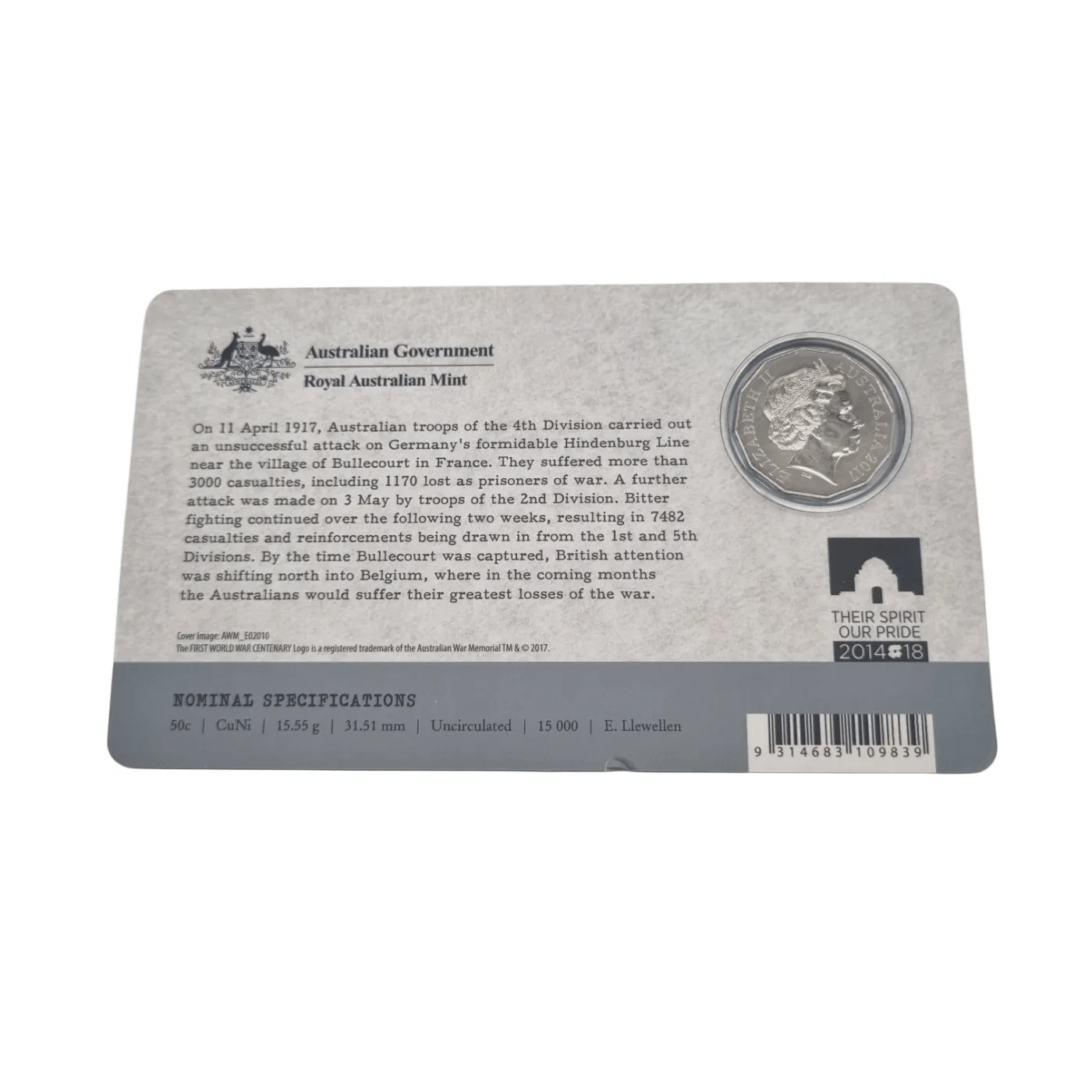 2017 50c Uncirculated Coin – Battle of Bullecourt, The Western Front 1917-2017
