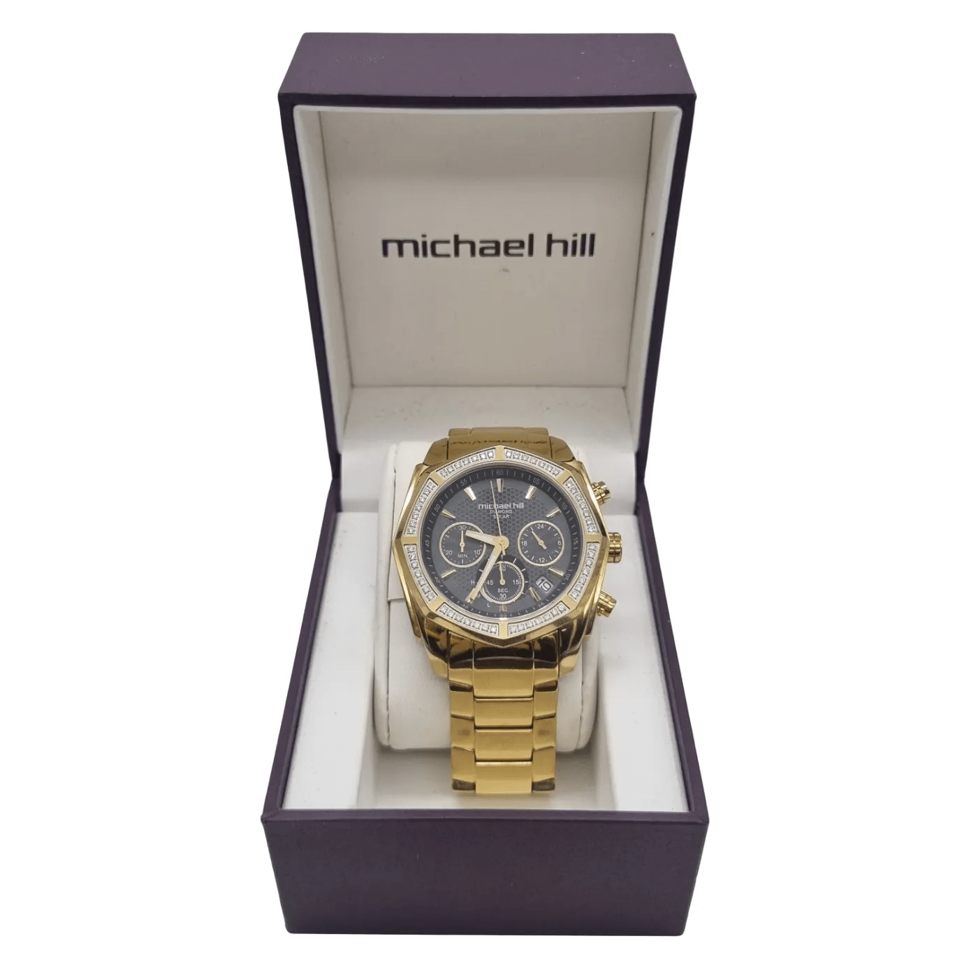Michael Hill Men’s Solar Chronograph Watch with 0.50 Carat of Diamonds in Gold Tone Stainless Steel + Box