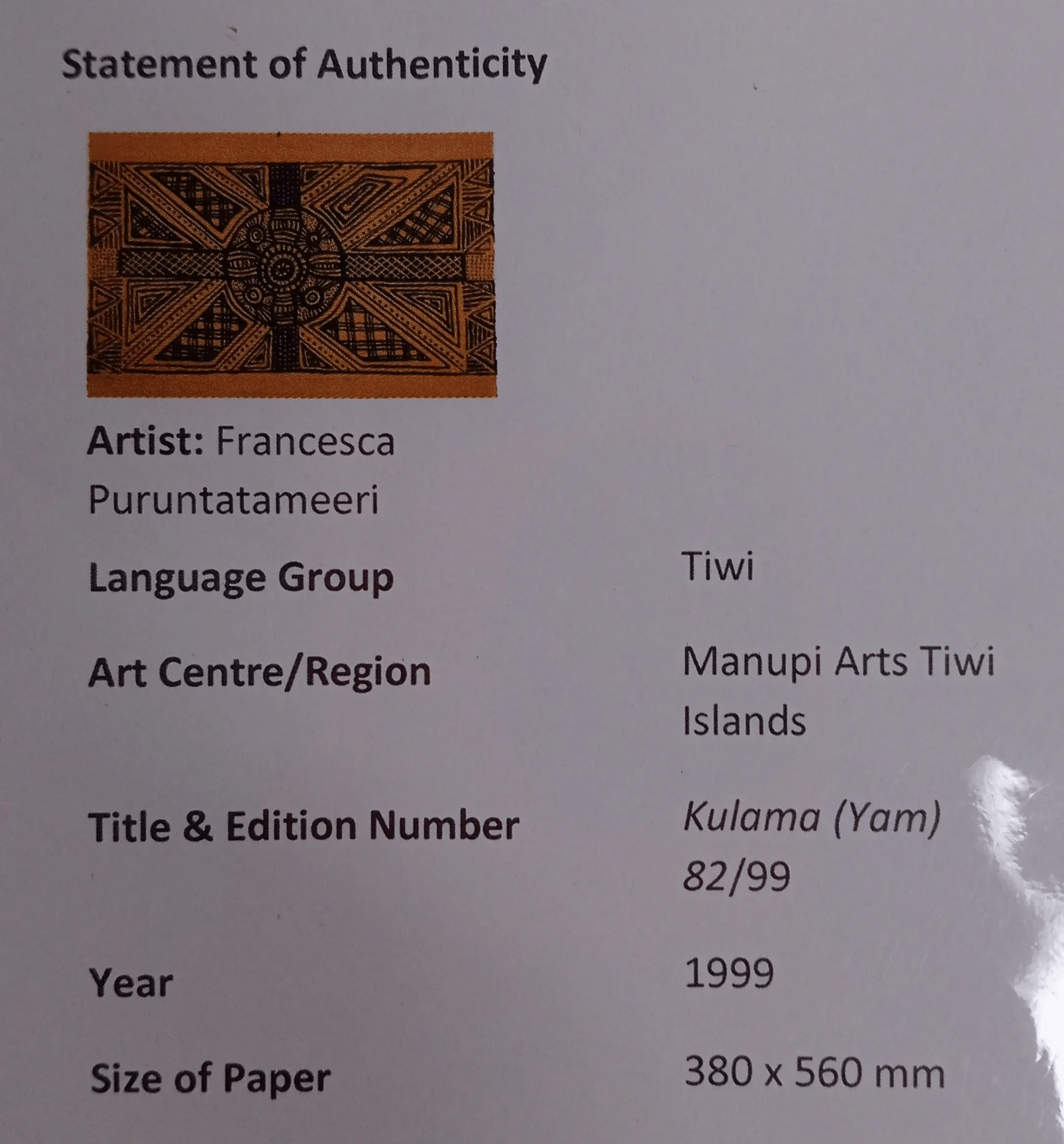 Francesca Puruntatameri Artwork Piece – Kulama (Yam) With Statement Of Authenticity