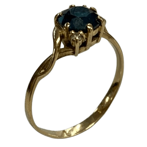 Ladies 9ct Yellow Gold Accent Ring Crossover Detailing with Blue Centre Sone. Size 6