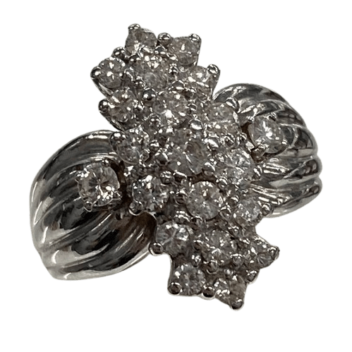Ladies 9ct White Gold Diamond Cluster with 21 Round Brilliant Cut Diamonds in Shared Claw Settings. TDW 1.07ct. Size P. With Valuation Certificate.