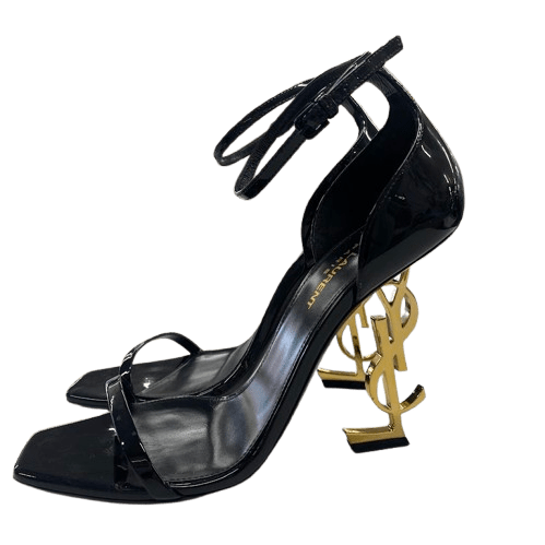 YSL Heels – Black Opyum Sandals in Patent Leather With Gold Heel. Size 38- Au 7 – 8.5cm Heel. Dust Bags Included. (NG 1343965)