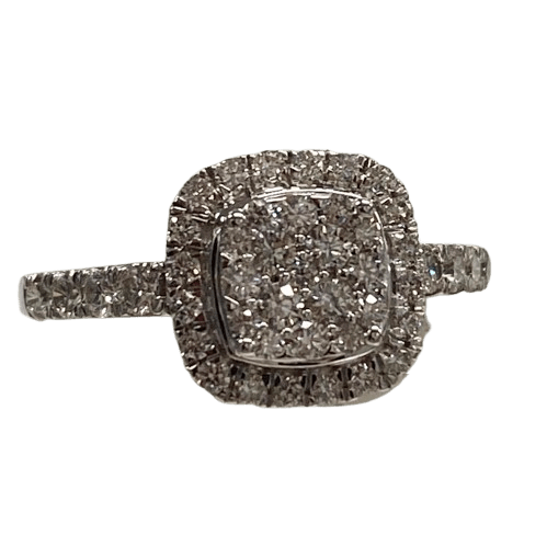 Ladies 18ct White Gold Diamond Cluster with 29 Stone. 17 Round Brilliant Cut Diamonds in Squared Shared Claw Settings, Surrounded by 20 Round Brilliant Cut Claw Set with 4 Round Brilliant Cut Claw Set in Shoulders, With 14 Round Brilliant Cut Diamonds In Claw Set Fitted Band. TDW 1.00ct. Size O. With Valuation Certificate.