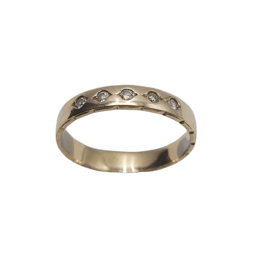 9ct Yellow Gold Round Ring – 2.8g – Clear Stones – Divot Set with Scalloped Edge – Size 9