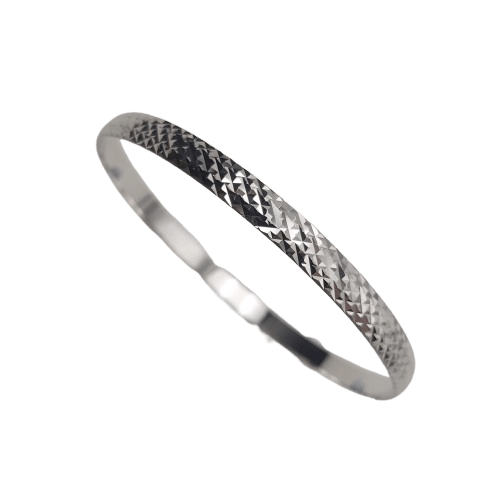 9ct White Gold Bangle – 10.4g – 6.5cm Diameter – 5mm Width – Geometric Textured Design