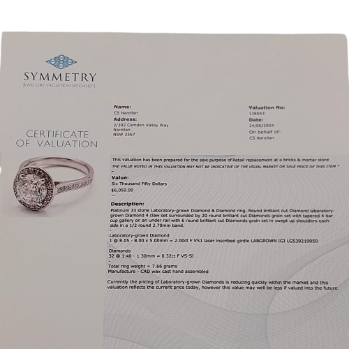 Ladies 18ct Platinum 33 Diamonds & Lab Grown Diamond Ring – LG TDW 2.00ct Diamonds TDW 0.32ct – M 6 With Valuation