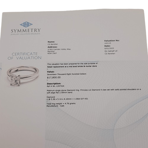 Ladies Platinum Single Stone Princess Cut 4 Claw Set Diamond Ring 1.00ct TDW J 5 With Valuation
