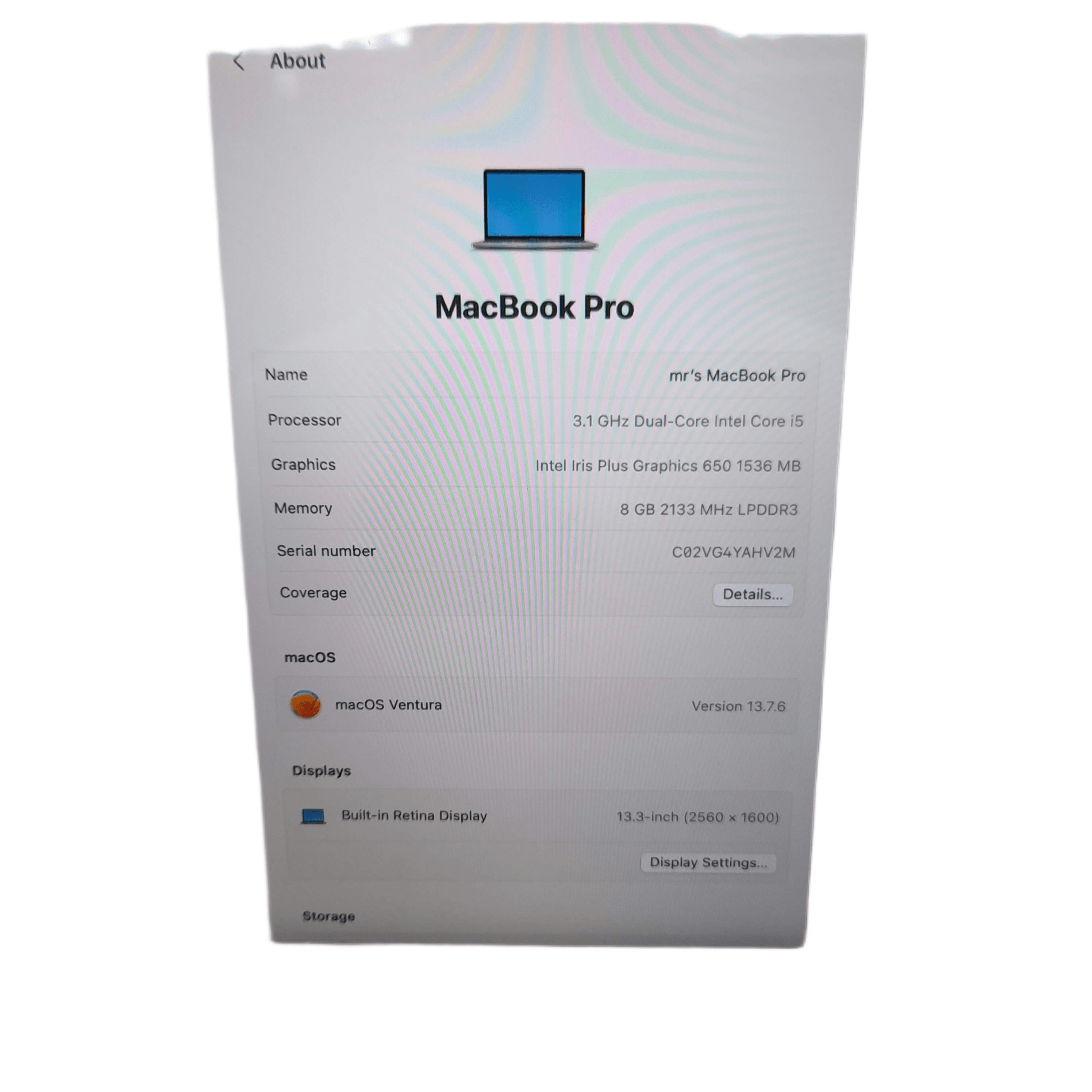Apple Macbook Pro 13 Inch 2017 A1706 Laptop +Charger (WL 1342953)
