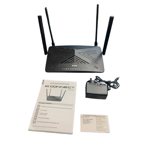 D-Link AX3000 Dual Band WiFi 6 VoIP Modem Router DSL-X3052E, Black, Very Good Condition, With AC Adaptor, Manual + Wifi Config Card (LE 1356401)