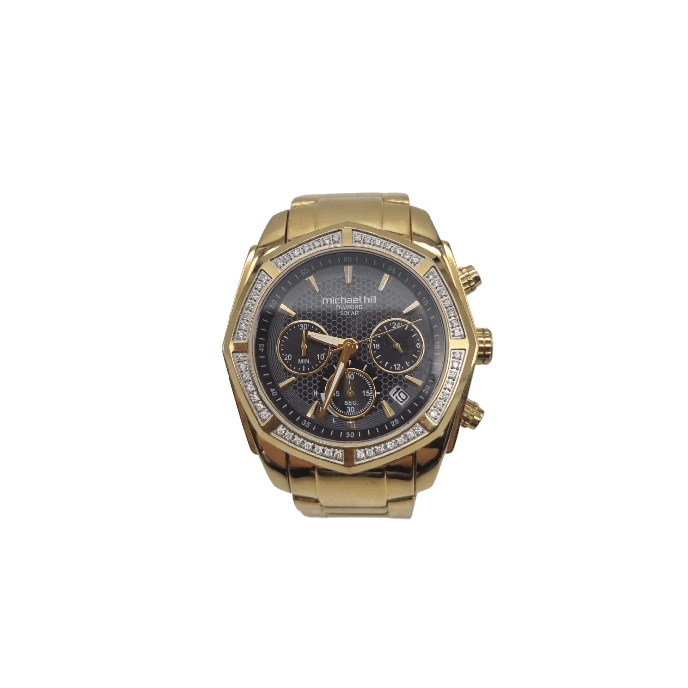 Michael Hill Men’s Solar Chronograph Watch with 0.50 Carat of Diamonds in Gold Tone Stainless Steel + Box