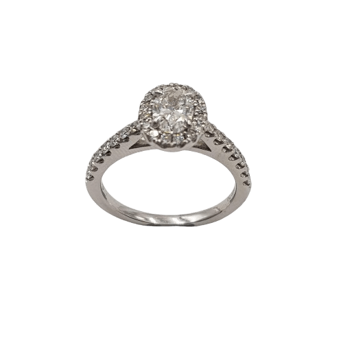 Ladies 18ct White Gold Oval & Round Brilliant Cut Halo Claw Set Ring 1.14ct TDW M With Valuation