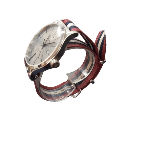 Mens Silver Steel Watch Sapphire Crystal Face – Striped Bands With Silver Case