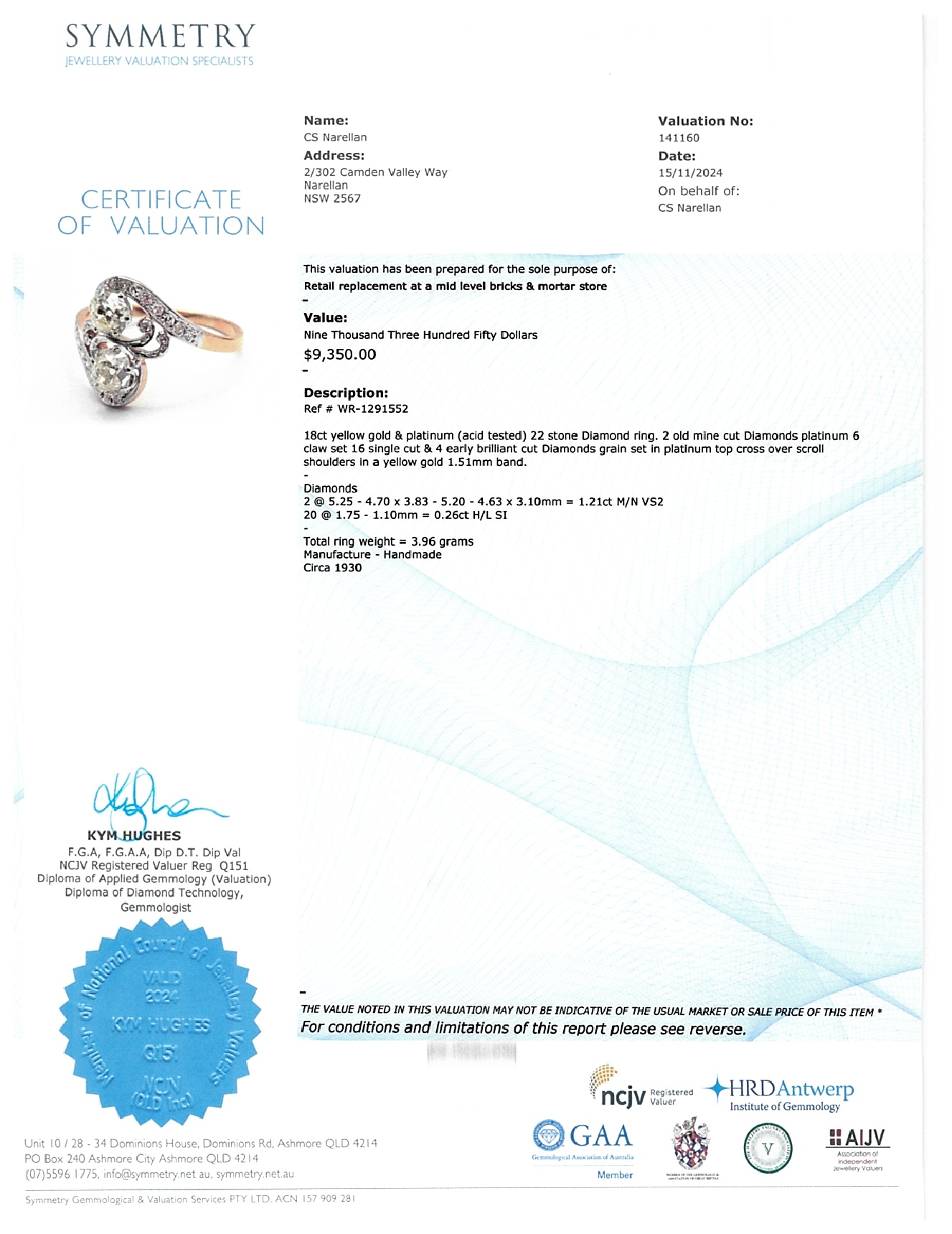 Ladies 18ct Yellow Gold And Platinum 22 Diamond Ring TDW 1.47ct Size Q1/2