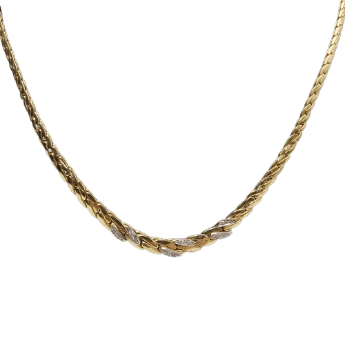 Vintage 18CT Yellow Gold Tapered Flattened Rope Chain Necklace with 12 Diamonds in White Gold Accents – 46cm, 11.3g