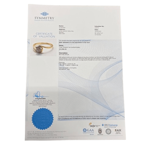 Ladies 18ct White & Yellow Gold 14 Stone Diamond Ring. Round Brilliant Cut White Gold 6 Claw Set Centre Stone Surrounded By 6 Round Brilliant Cut White Gold Claw Set Forming A Cluster. With 7 Brilliant Cut Diamonds Channel Set In Wrap Around Shoulder. TDW 0.26ct. Size R/9, With Valuation Certificate – (NG 147229)