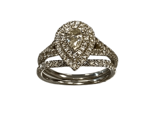 Ladies 14ct White Gold 76 Stone Diamond Pear Shape V Cap 2 Ring Set Size O TDW 0.99ct With Valutation Certificate