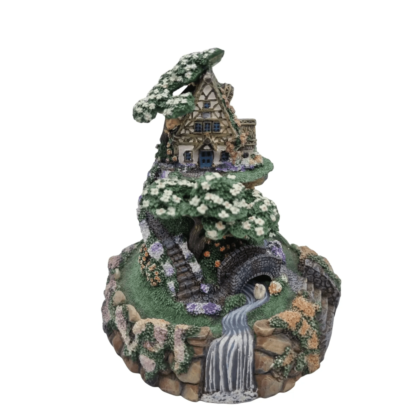 Franklin Mint: Cobblestone Bridge Cottage With Glass Dome – Hand Painted Limited Edition Statue *Sculpture Number Worn Off*