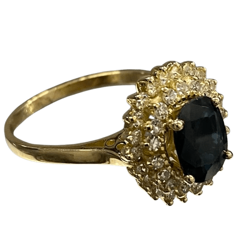 Ladies 18ct Yellow Gold 1.85ct Oval Dark Blue Australian Sapphire Ring, With 40 Single Cut Diamond Cluster Ring, TDW 0.91ct & 1.85ct Sapphire, Size S,  With Valuation Certificate