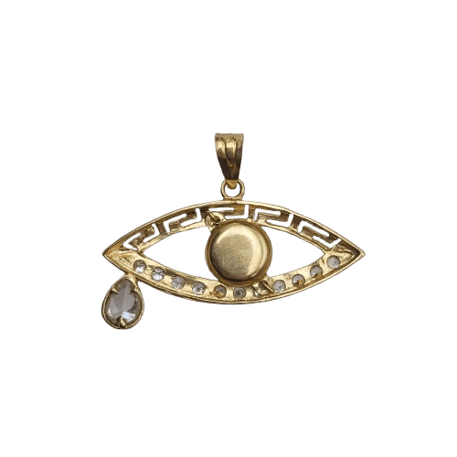 18ct Yellow Gold Evil Eye Pendant – 6.3g – Clear Stones – Approx. 4cm Wide x 1.5cm Tall (Excl. Bail)