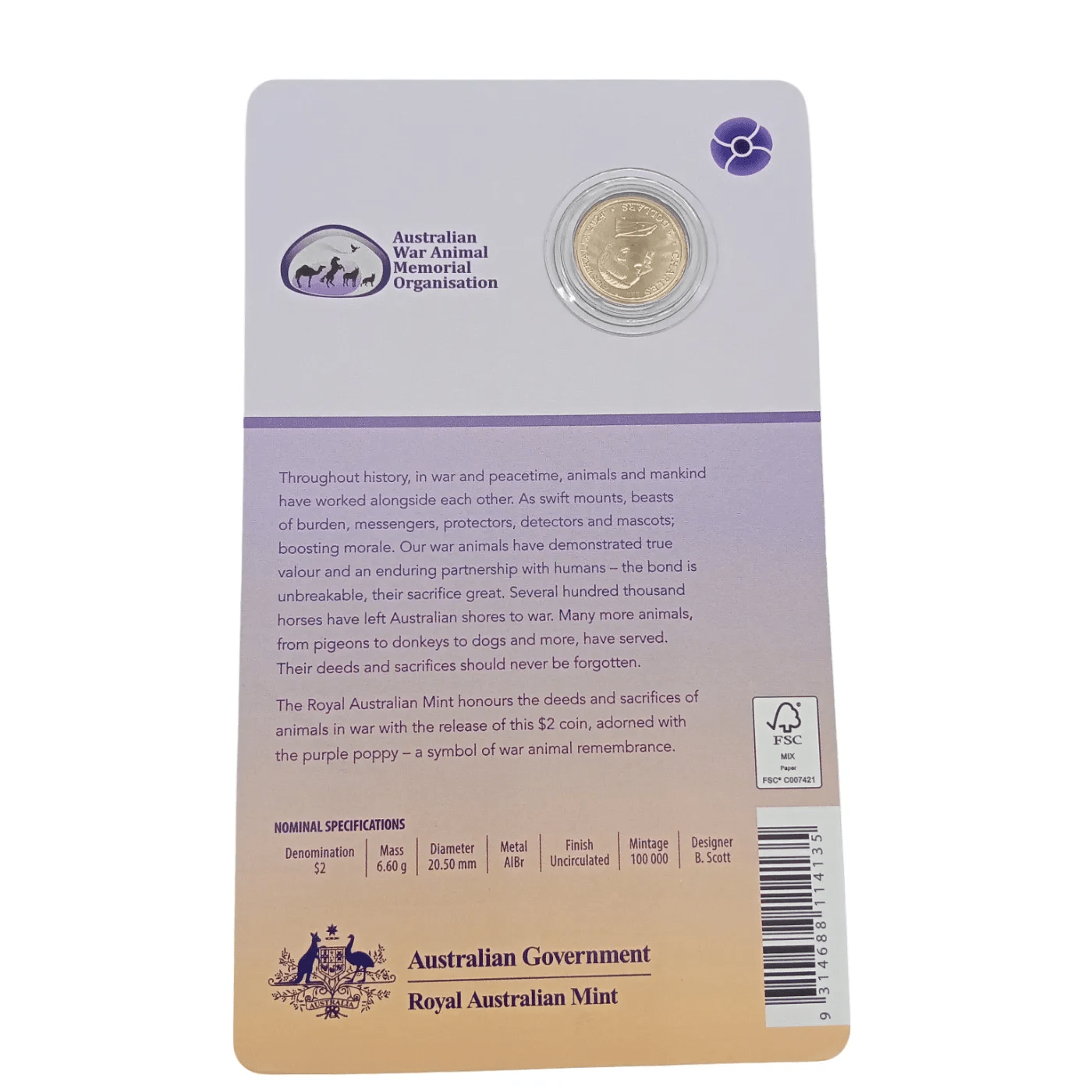 Royal Australian Mint 2024 $2 ‘C’ Mintmark Coloured Uncirculated Coin – War Animals Remembrance (WR 1355903)