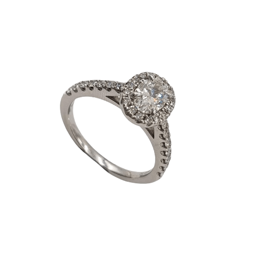 Ladies 18ct White Gold Oval & Round Brilliant Cut Halo Claw Set Ring 1.14ct TDW M With Valuation