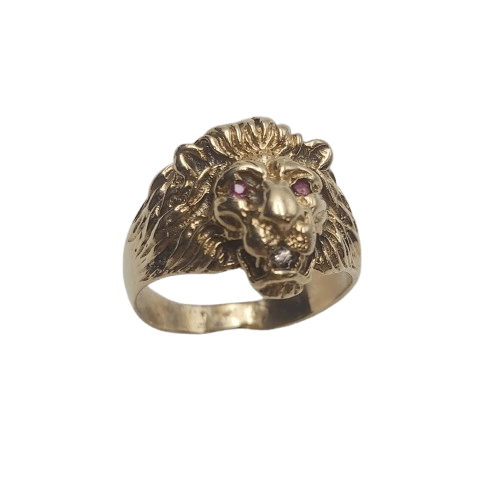 Men’s 9ct Yellow Gold Lion Face Ring 7.1g with Ruby Eyes and Diamond in Mouth