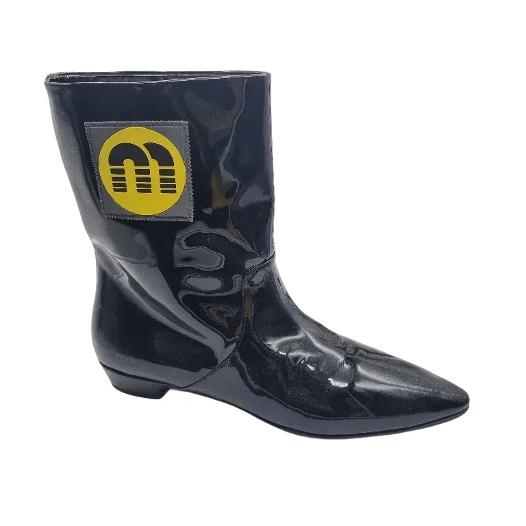 MIU MIU Black Patent Leather Yellow Logo Appliqué Boots Made In Italy (Size: 41) + Dust Bag